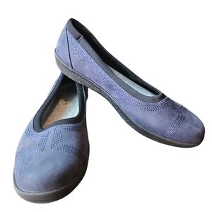 CLARKS | Women's Navy Cloudsteppers Ayla Blue Faux Suede Low Ballet Flats | 9.5